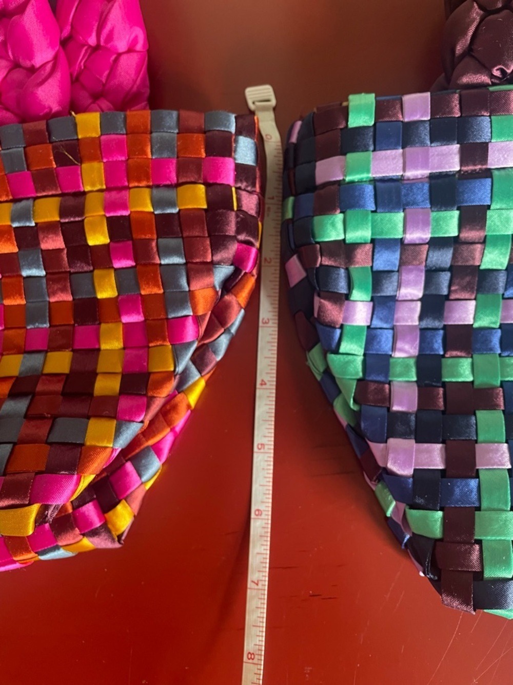 2 Handwoven Satin-Like Mini Tote Bags - Lavender/Blue/Green & Pink/Yellow/Orange - Picture 9 of 12